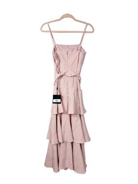 NWT Mac Duggal Belted Tiered Ruffle Sleeveless Midi Dress 4 Rose Pink #8106